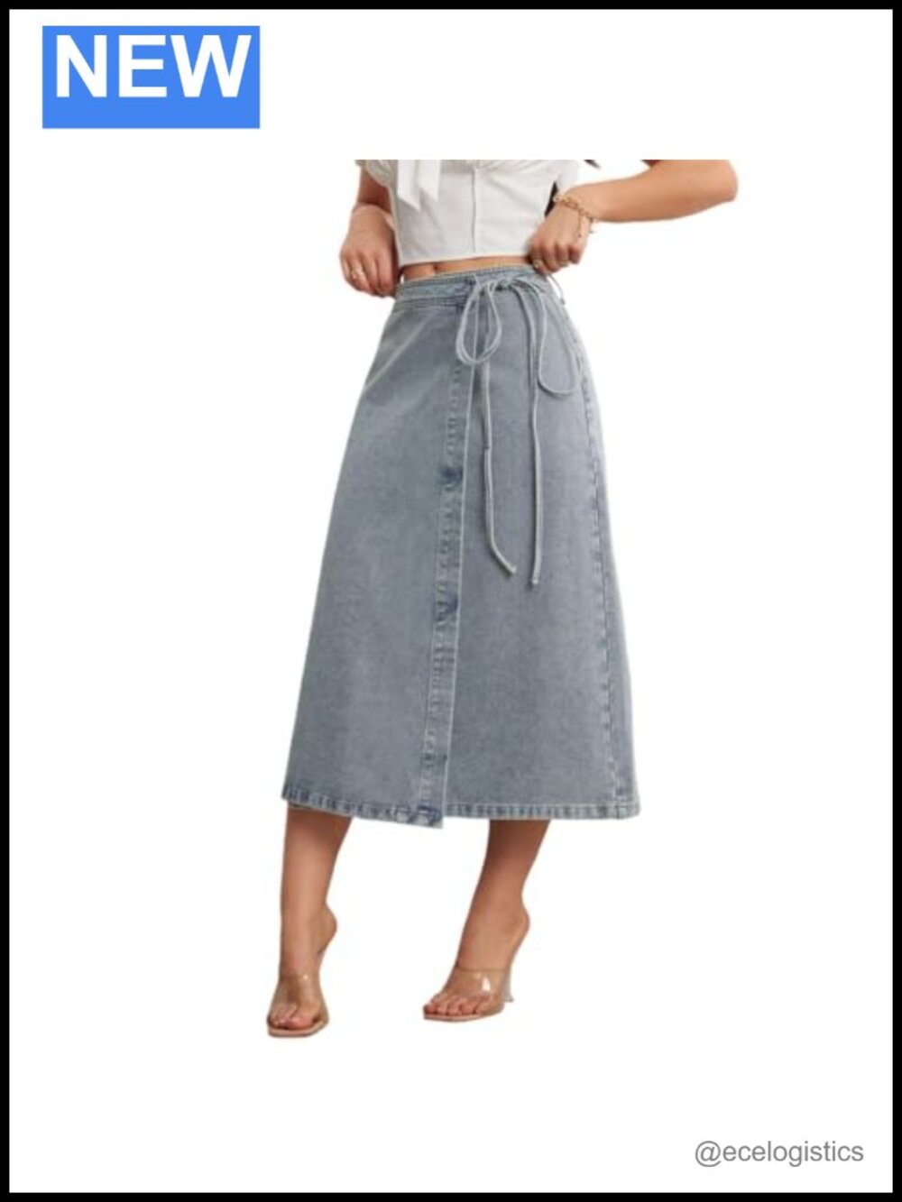 High-Rise Denim Maxi Skirt A-Line Tie Waist with Pockets